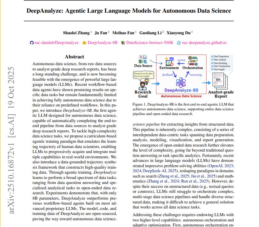 Academic paper cover page titled DeepAnalyze: Agentic Large Language Models for Autonomous Data Science with authors Shuo Zhang Fan Meihao Fan Guoliang and Yu Dong dated October 2024 arXiv identifier 2510.16872 abstract text describing the models capabilities for handling data science pipelines from raw data including diagrams of data sources analysis research autonomous data science and analyst-grade outputs with arrows indicating workflow processes and references to related studies.