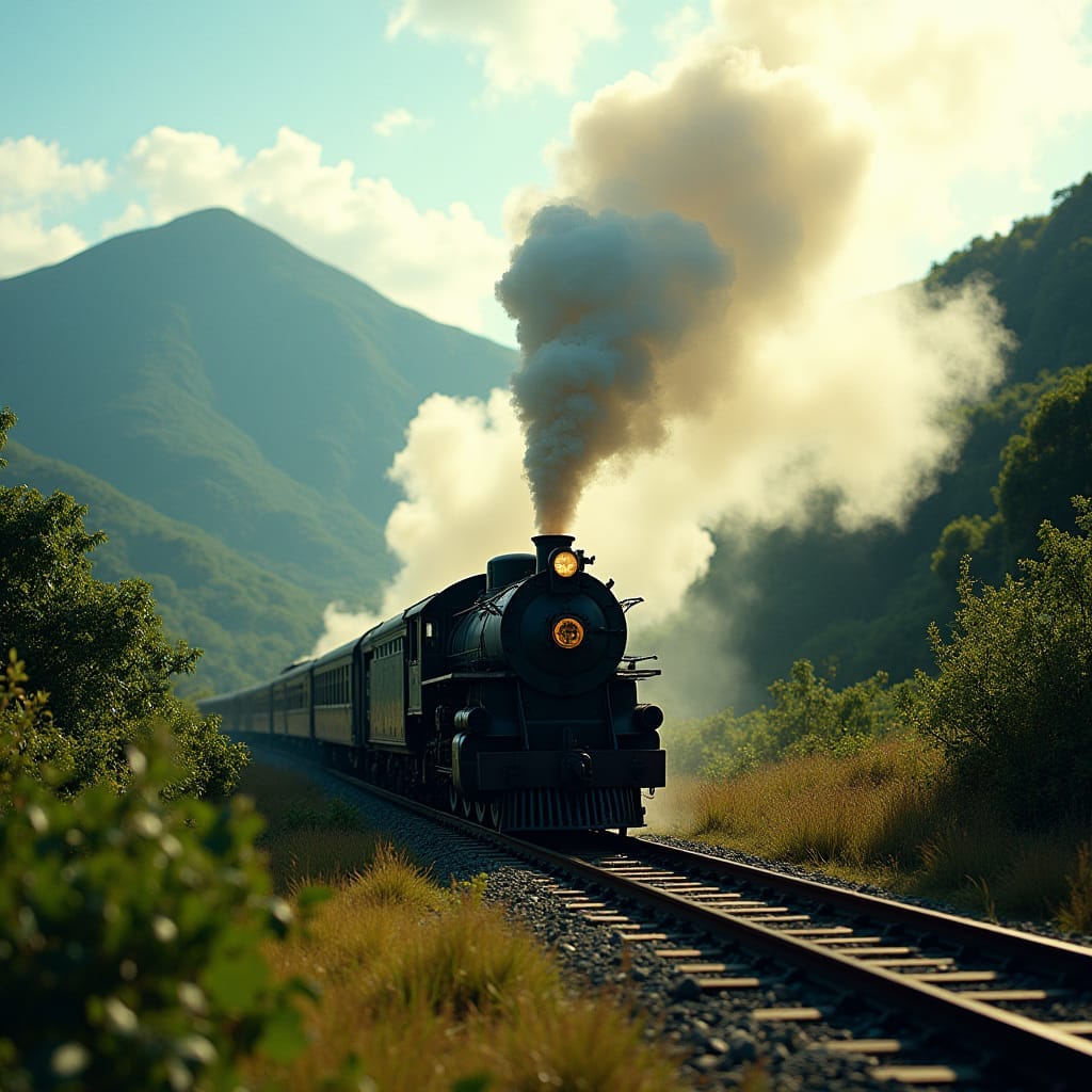 A vintage steam locomotive, adorned with the Jamaica Railway Company's emblem, chugs along the winding tracks, billowing white smoke as it traverses the lush Jamaican landscape, with the majestic Blue Mountains rising in the background. 