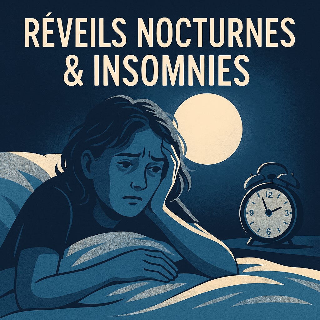 Femme éveillée en pleine nuit, allongée dans son lit, les yeux ouverts et le regard inquiet — illustration symbolique des réveils nocturnes, de l’insomnie et de l’hypervigilance du système nerveux pendant le sommeil.
