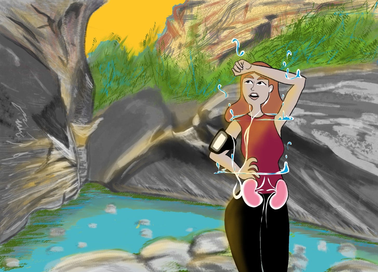 An illustration of a woman experiencing dehydration while hiking. Caused by her direct exposure to the sun, lack of drinking water and lack of protective clothing (long-sleeved shirt and hat)