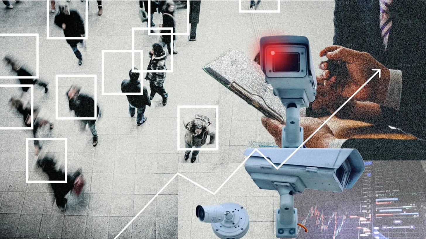 A collage depicting surveillance and data analysis with blurred figures in a crowd, highlighted with squares suggesting tracking, alongside images of security cameras, financial graphs, and a person reviewing documents.