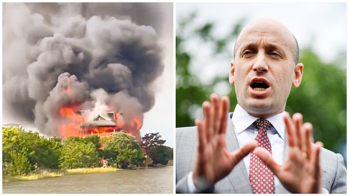Split image of Stephen Miller and a fire at a judge's house Split image of Stephen Miller and a fire at a judge's house