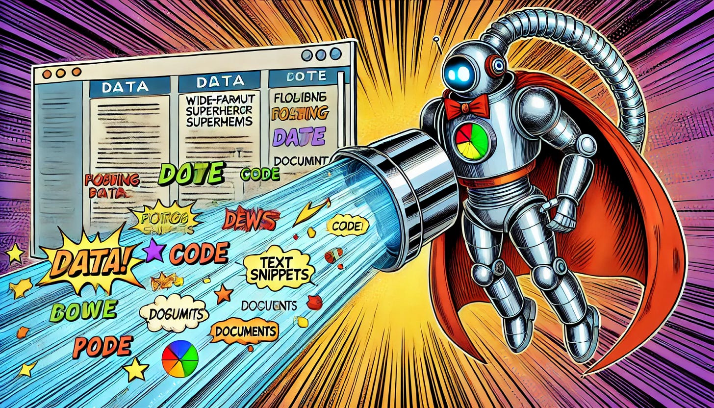 A wide-format comic book-style superhero robot with a metallic cape is using a large glowing vacuum device to suck in visible data elements like floating words, text snippets, code, documents, and graphs from bright website screens. The data is illustrated in colorful, exaggerated comic style with bold lines and labeled elements (e.g., 'NEWS', 'DATA', 'INFO') being pulled into the vacuum tube. The background has dynamic comic action lines, stars, and colorful bursts. The screens behind the robot are dimming or glitching, showing that the content is being drained. 16:9 format, horizontal composition.
