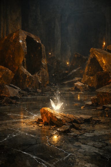 The Vestige Chamber of the Amber Temple, a vision of desolation and transcendence. Vast amber blocks lie fractured and hollow, their interiors empty and their shadows gone. The chamber stretches into darkness, its marble floor veined with faintly shimmering silver cracks. A single white moth drifts through the air, fragile and luminous against the gloom. It flutters once, twice, then lands on a broken amber shard. As it touches the stone, its wings dissolve into light, scattering like fading dust motes. The Vestige Chamber of the Amber Temple, a vision of desolation and transcendence. Vast amber blocks lie fractured and hollow, their interiors empty and their shadows gone. The chamber stretches into darkness, its marble floor veined with faintly shimmering silver cracks. A single white moth drifts through the air, fragile and luminous against the gloom. It flutters once, twice, then lands on a broken amber shard. As it touches the stone, its wings dissolve into light, scattering like fading dust motes.