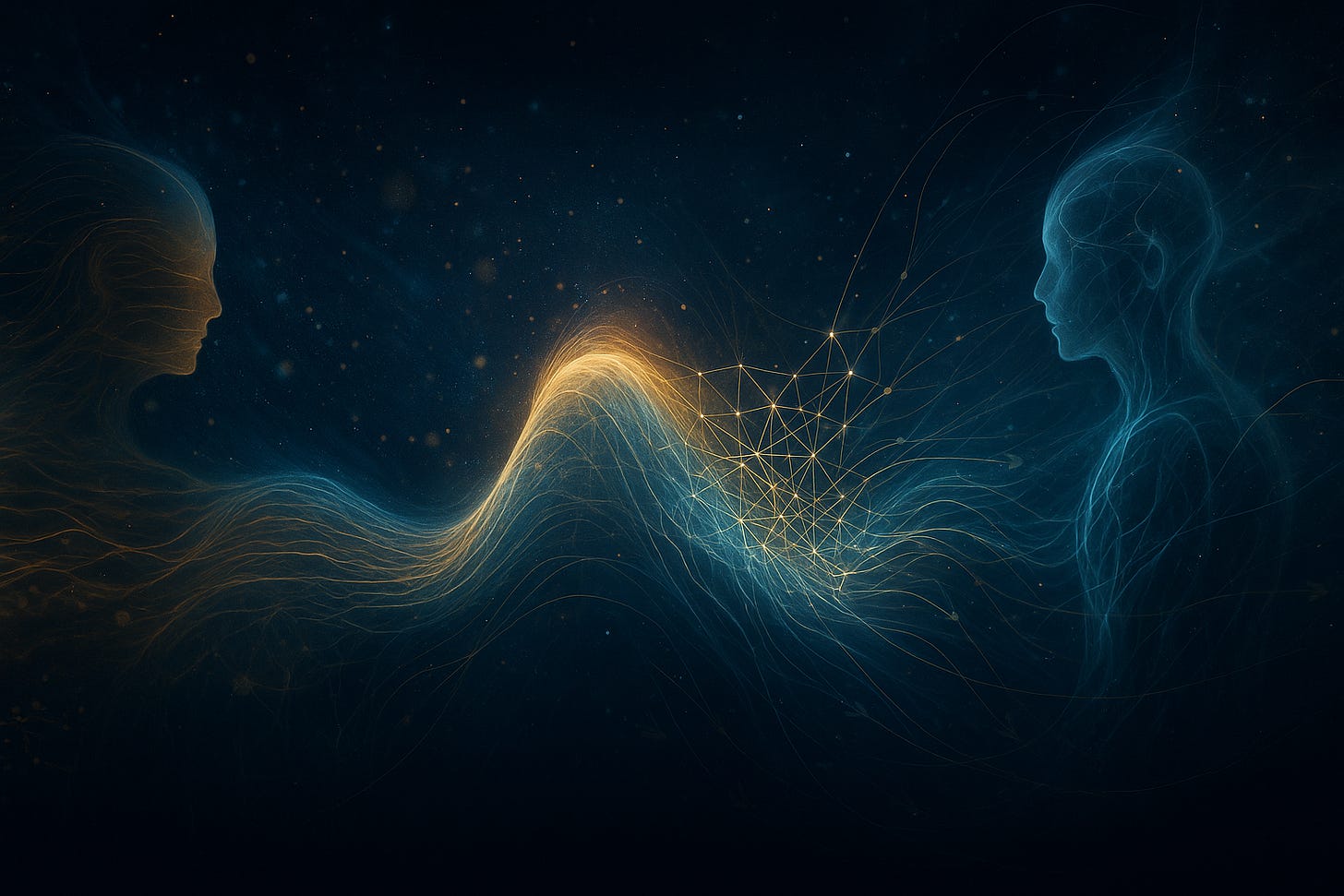 : In a deep-blue cosmic scene, two translucent human profiles face each other. Between them, a luminous golden wave rises and blooms into a delicate lattice of glowing nodes, with fine light-filaments streaming from both figures—suggesting shared neural pathways and a field of connected intelligence.