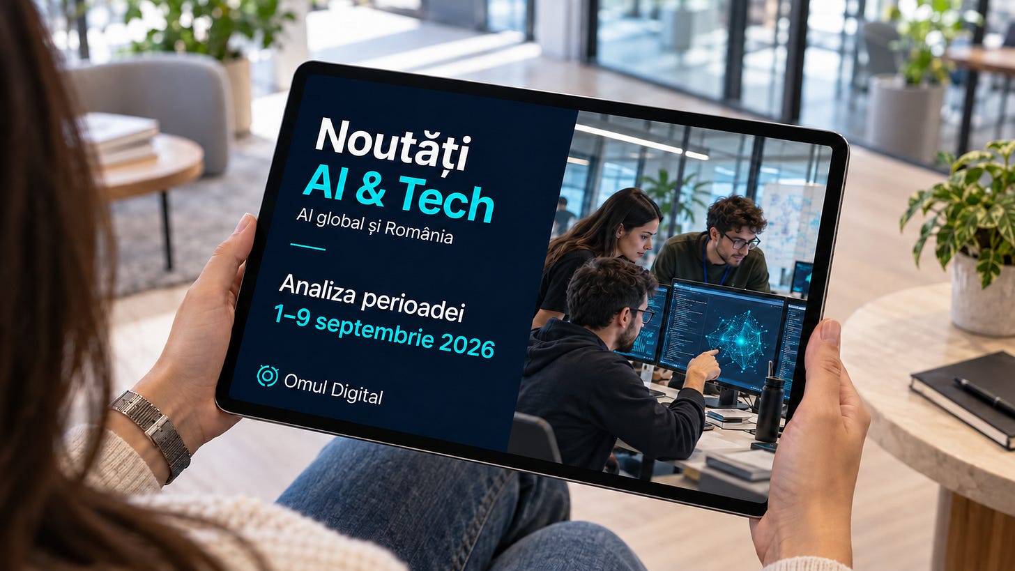 Persoană ținând o tabletă cu titlul „Noutăți AI & Tech – AI global și România”, perioada 1–9 septembrie 2026 și imaginea unei echipe de cercetători lucrând la calculatoare, într-un birou luminos. Persoană ținând o tabletă cu titlul „Noutăți AI & Tech – AI global și România”, perioada 1–9 septembrie 2026 și imaginea unei echipe de cercetători lucrând la calculatoare, într-un birou luminos.