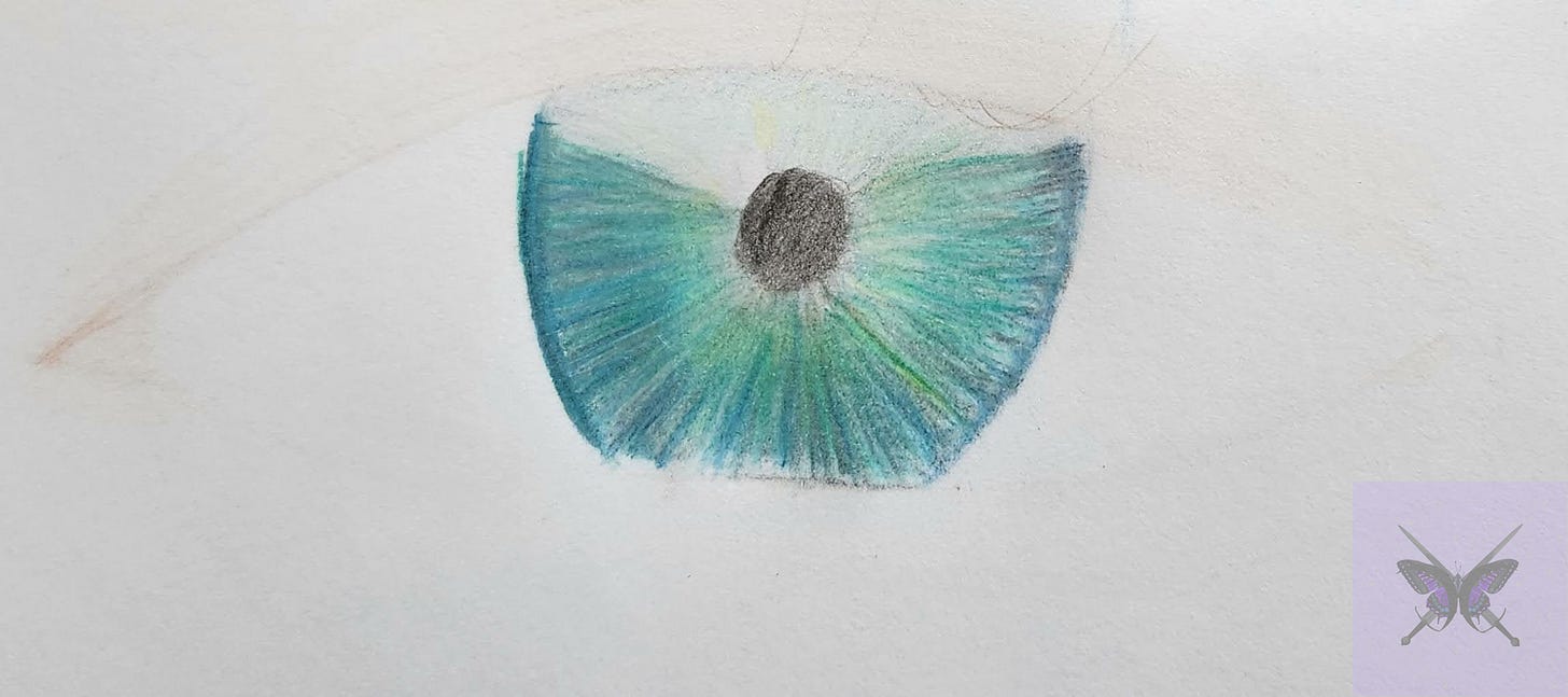 Image of a pupil and unfinished iris in colored pencil. The iris is shaded in a striped pattern of blues and greens.