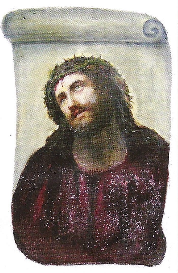 Faded fresco of Christ crowned with thorns, before restoration Faded fresco of Christ crowned with thorns, before restoration