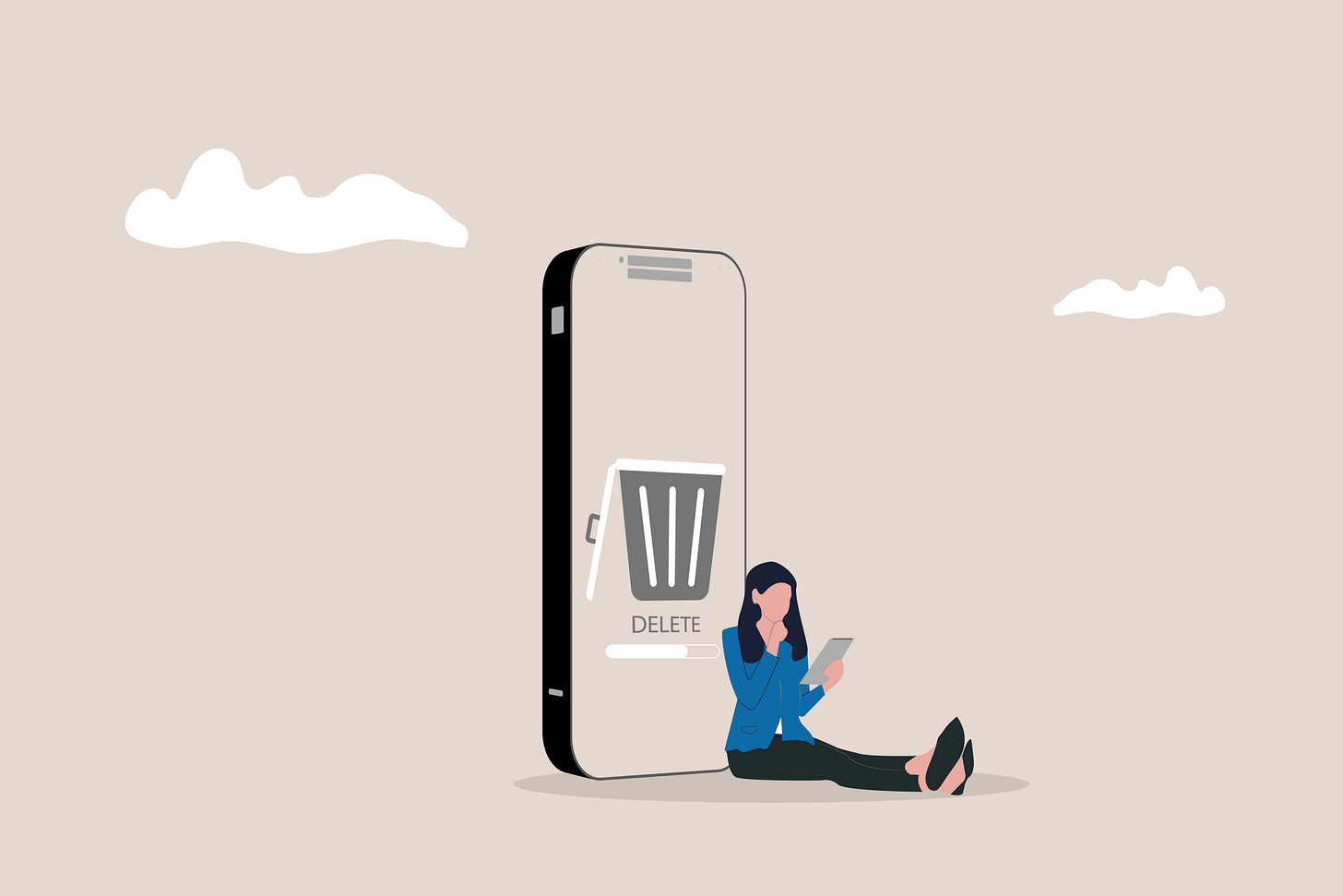 Illustration of a professional woman sitting next to a giant cell phone with a delete button on the screen