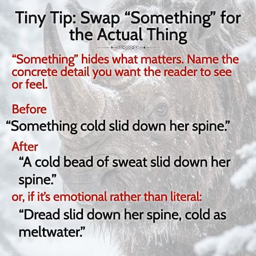 Tiny Tip about the overuse of the word "something" in a manuscript with the transparent head of a woolly rhino as the backdrop Tiny Tip about the overuse of the word "something" in a manuscript with the transparent head of a woolly rhino as the backdrop