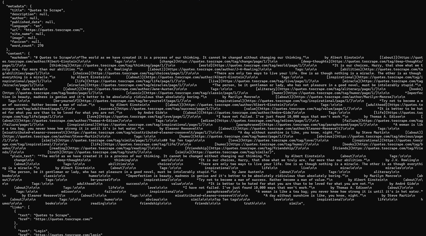 The JSON response produced by webclaw The JSON response produced by webclaw