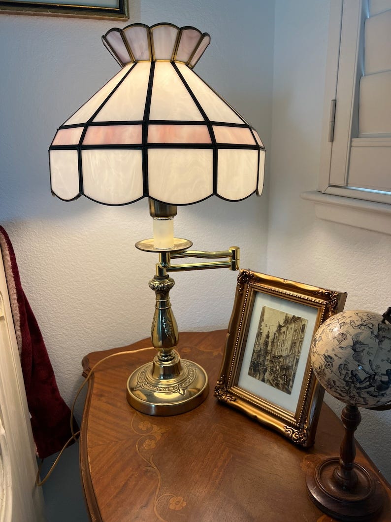 Vintage Large Stained Glass Lampshade Table top Country Cottage/Country Coquette Cottagecore Mid Century Grand Millennial Vanilla Girl image 1