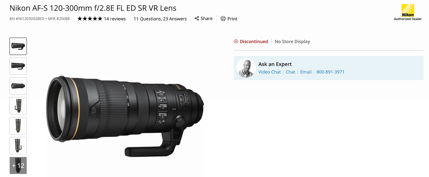 AF-S 120-300mm f/2.8 F aparecendo como descontinuada na B&H