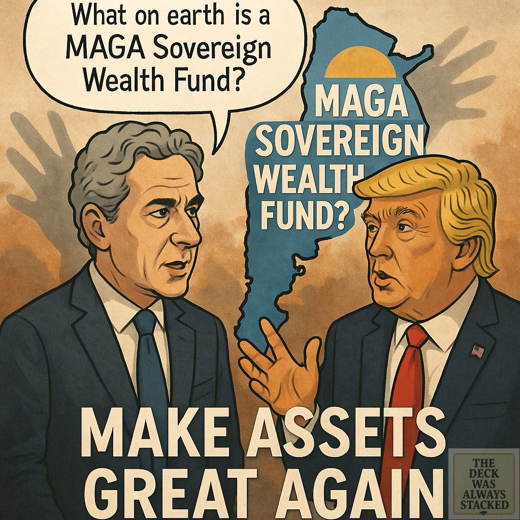 MAGA Sovereign Wealth Fund, what is it anyway?Beautiful cartoon rendition map of MAGA Sovereign Wealth Fund characters discussing what it is. Scott Presler, Donald Trump.