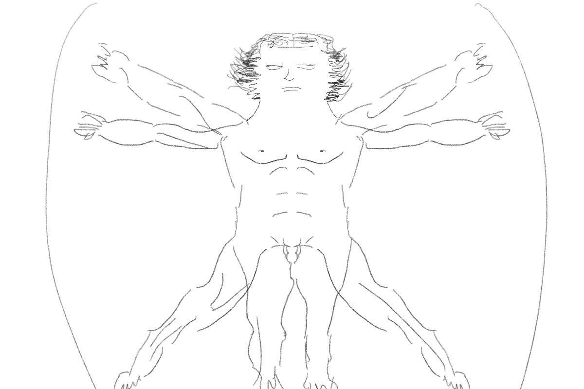 Line drawing of a muscular human figure in a Vitruvian pose, with multiple arms and legs extended, referencing classical anatomical studies. Line drawing of a muscular human figure in a Vitruvian pose, with multiple arms and legs extended, referencing classical anatomical studies.