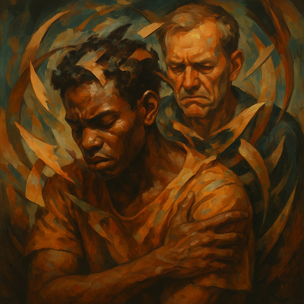 Expressive painting of a younger Black man with closed eyes and a pained expression, arms crossed over his chest. Behind him, an older white man looks down with sorrow and regret, his hand resting gently on the younger man's shoulder. Swirling abstract shapes in warm earthy tones surround them, evoking a sense of emotional intensity and connection.