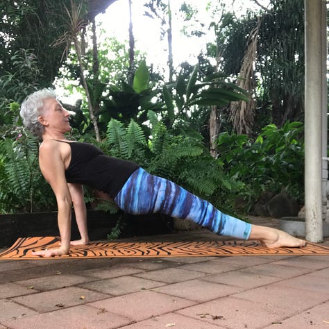 nine photos with a white haired woman in exercise clothing doing each of the Pilates exercises listed in the email