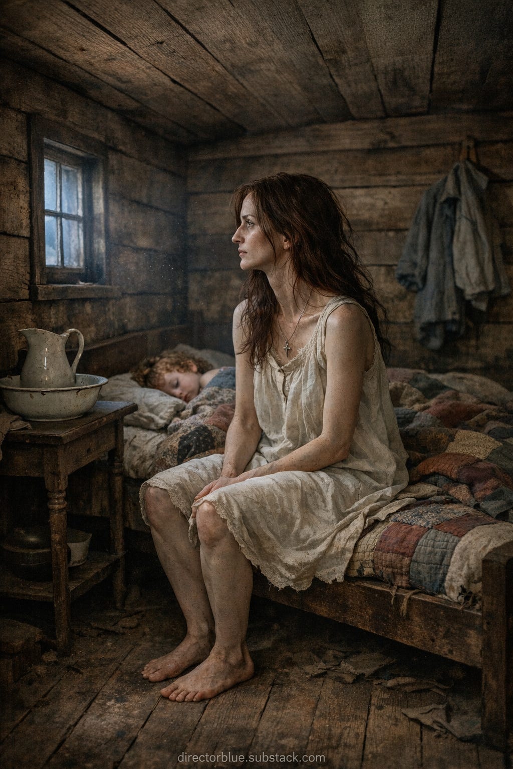 9:16 vertical photographic image. Hyperrealistic, cinematic, natural predawn light filtering through a single small window. Interior of a cramped oneandahalfstory Chicago workers’ cottage bedroom, 1871. Roughhewn pine plank walls, unpainted, darkened with age and soot. Low ceiling barely six feet high. A narrow painted pine bed with a strawtick mattress covered by a faded patchwork quilt, rumpled. A woman — Margaret Callahan, age 32, gaunt face with hollow cheeks and pronounced cheekbones, pale bluegrey eyes, dark auburn hair loose and tangled from sleep falling past her shoulders, thin frame, approximately 5’3”, wearing a wrinkled offwhite cotton chemise that reaches her knees, bare feet — is sitting on the edge of the bed, feet touching the dusty pine floor, looking toward the small window. A sleeping toddler with auburn curls is visible behind her in the bed. A chipped white ceramic washbasin and pitcher sit on a small wooden washstand. A man’s work shirt hangs on a nail in the wall. A small silver crucifix on a thin chain rests at the woman’s collarbone. The room is sparse, worn, poor but clean. Visible dust motes in the thin grey light. Photorealistic, shallow depth of field, muted earth tones, intimate and claustrophobic framing. Small subtle watermark in footer: directorblue.substack.com.png 9:16 vertical photographic image. Hyperrealistic, cinematic, natural predawn light filtering through a single small window. Interior of a cramped oneandahalfstory Chicago workers’ cottage bedroom, 1871. Roughhewn pine plank walls, unpainted, darkened with age and soot. Low ceiling barely six feet high. A narrow painted pine bed with a strawtick mattress covered by a faded patchwork quilt, rumpled. A woman — Margaret Callahan, age 32, gaunt face with hollow cheeks and pronounced cheekbones, pale bluegrey eyes, dark auburn hair loose and tangled from sleep falling past her shoulders, thin frame, approximately 5’3”, wearing a wrinkled offwhite cotton chemise that reaches her knees, bare feet — is sitting on the edge of the bed, feet touching the dusty pine floor, looking toward the small window. A sleeping toddler with auburn curls is visible behind her in the bed. A chipped white ceramic washbasin and pitcher sit on a small wooden washstand. A man’s work shirt hangs on a nail in the wall. A small silver crucifix on a thin chain rests at the woman’s collarbone. The room is sparse, worn, poor but clean. Visible dust motes in the thin grey light. Photorealistic, shallow depth of field, muted earth tones, intimate and claustrophobic framing. Small subtle watermark in footer: directorblue.substack.com.png