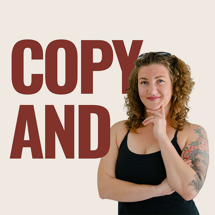 podcast cover images for the visibility shift with ellie steinbrink (blue background, woman with black leather jacket and blue and white dress smiling), copy and image with pink background and woman with curly hair wearing black tank top