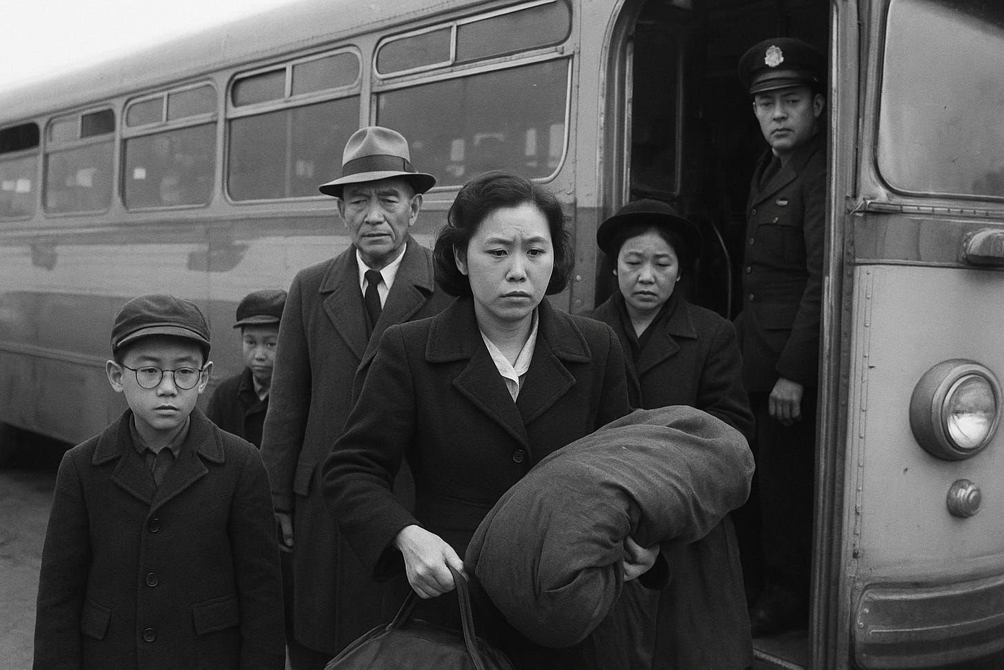 Japanese-American families carrying suitcases to relocation centers, guarded by soldiers.”