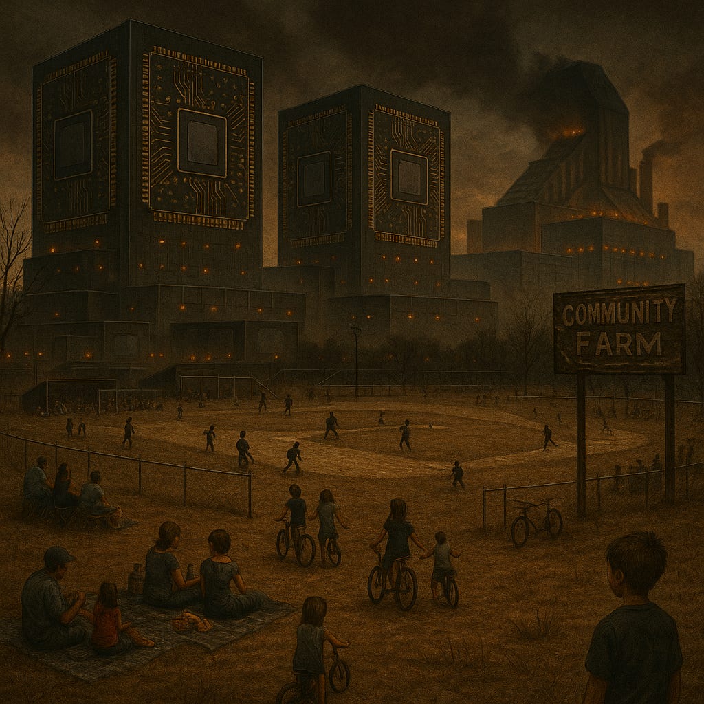 normous computer-chip structures tower over a depleted community field, replacing nature with industrial scale computation.