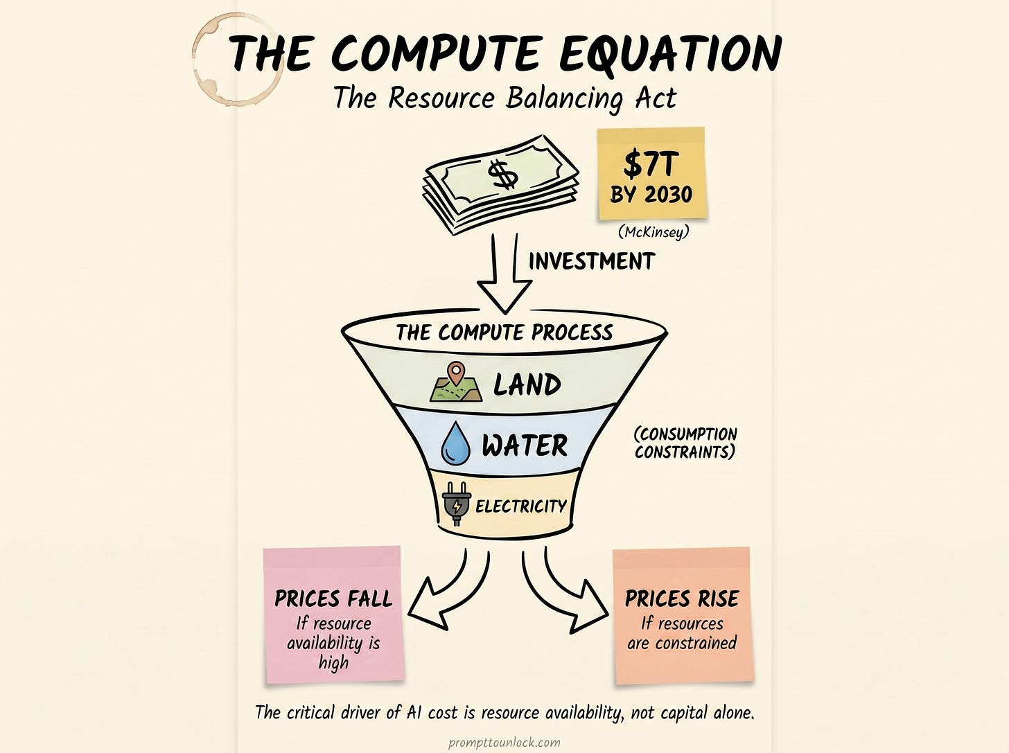 Hand-drawn infographic titled "The Compute Equation: The Resource Balancing Act." At the top, a stack of cash and a sticky note reading "$7T by 2030 (McKinsey)" flow through a downward arrow labeled "Investment" into a three-segment funnel called "The Compute Process." The funnel narrows from top to bottom: Land (sage green, with a map pin icon), Water (sky blue, with a droplet icon), and Electricity (gold, with a plug icon). A side label reads "Consumption Constraints." At the bottom, two arrows diverge from the funnel: one curves left to a pink sticky note reading "Prices Fall — if resource availability is high"; the other curves right to a peach sticky note reading "Prices Rise — if resources are constrained." Bottom caption: "The critical driver of AI cost is resource availability, not capital alone."