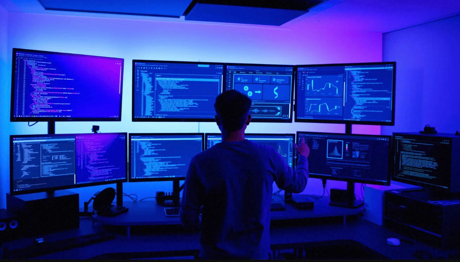A developer with their back to the camera faces a wall of eight monitors arranged in a 4×2 grid, each displaying code editors and dashboards, in a dim room lit by dramatic purple and blue ambient light A developer with their back to the camera faces a wall of eight monitors arranged in a 4×2 grid, each displaying code editors and dashboards, in a dim room lit by dramatic purple and blue ambient light