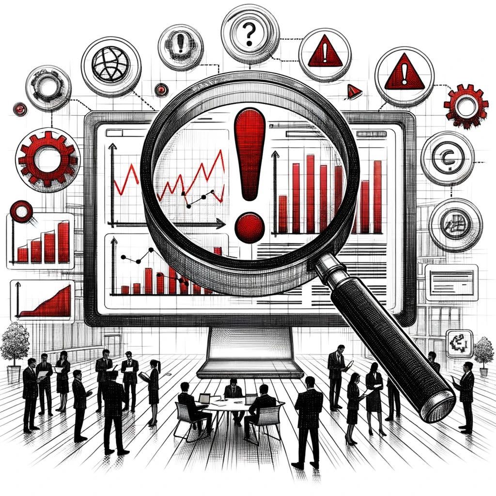 Sketch on a white background of a large magnifying glass hovering over a detailed computer dashboard, revealing red alert icons and glitches. Surrounding the scene are IT professionals collaborating and discussing these issues, symbolizing an audit of IT systems.