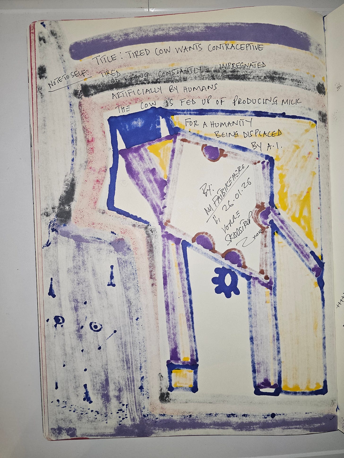 Alt Text: Handwritten artist note on back of artwork discussing artificial impregnation, milk production, and AI displacement. Alt Text: Handwritten artist note on back of artwork discussing artificial impregnation, milk production, and AI displacement.