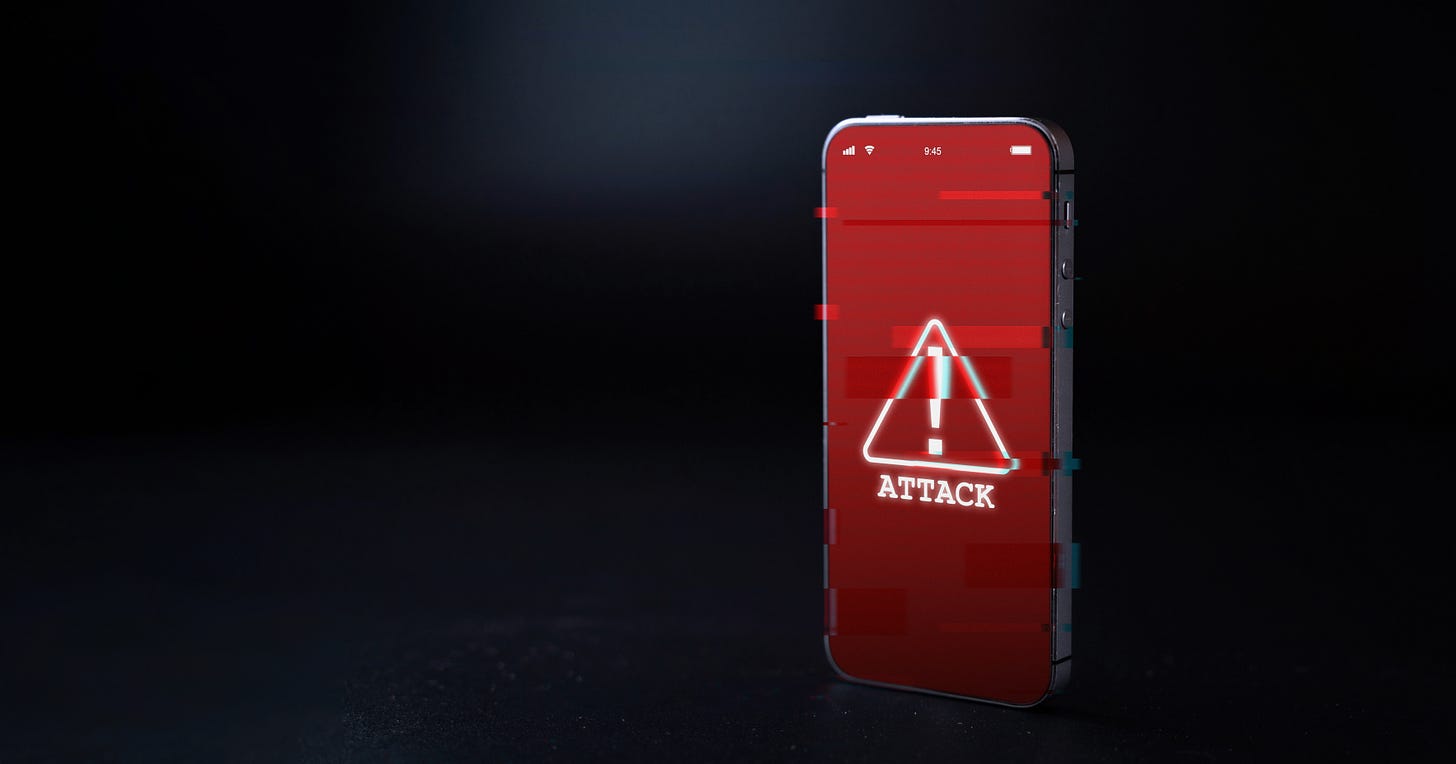 A smartphone with an "attack" symbol A smartphone with an "attack" symbol