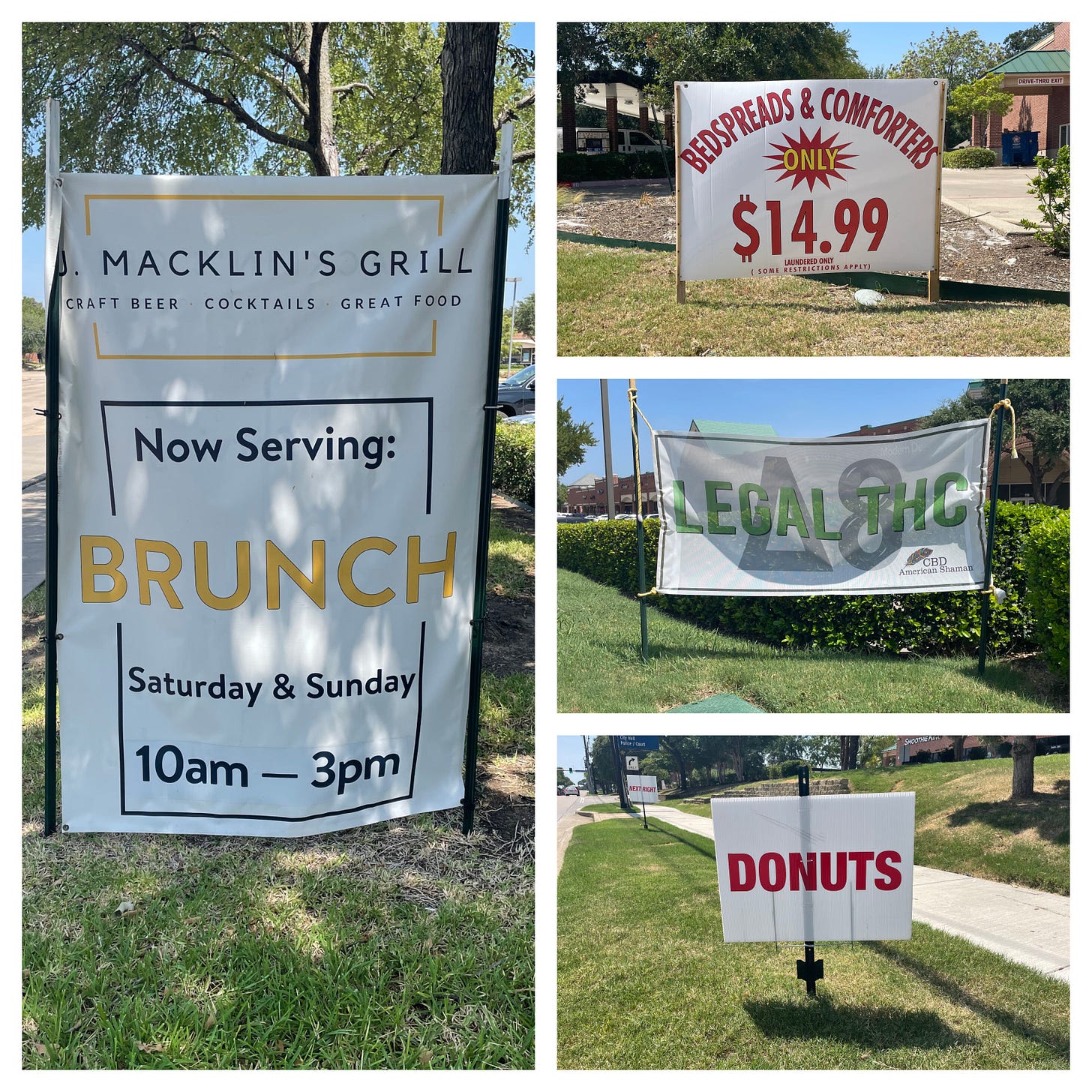 A collection of temporary signs near the intersection of Denton Tap and Town Center