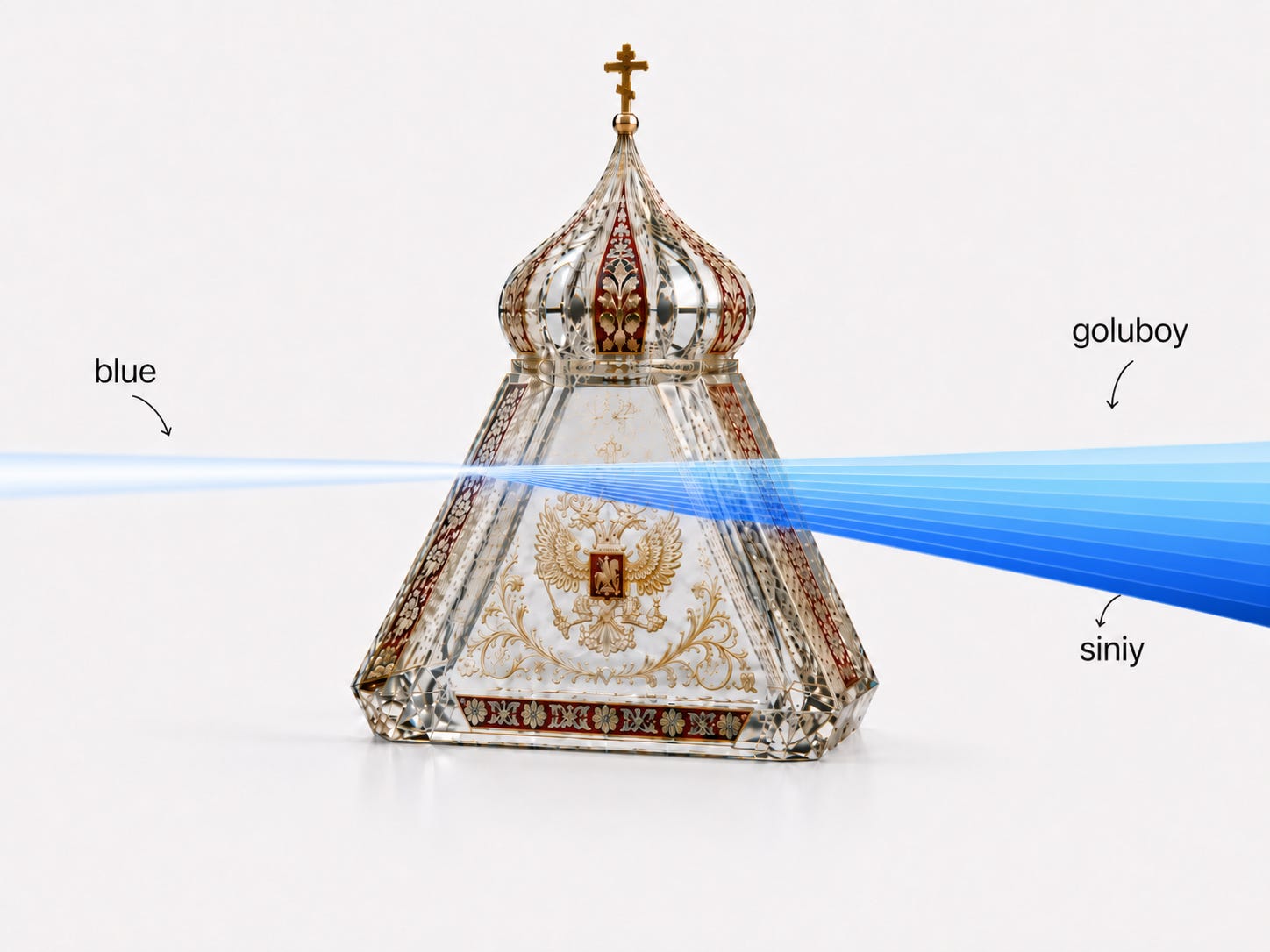 A single beam labelled "blue" entering a prism shaped like a Russian onion dome, and emerging split into two beams labelled "goluboy" and "siniy". A single beam labelled "blue" entering a prism shaped like a Russian onion dome, and emerging split into two beams labelled "goluboy" and "siniy".