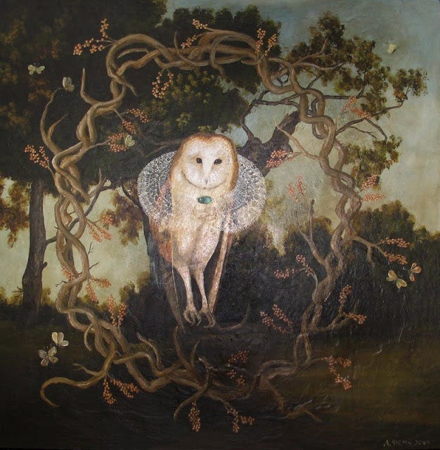 This may contain: an owl standing on top of a tree branch in front of a forest with lots of flowers