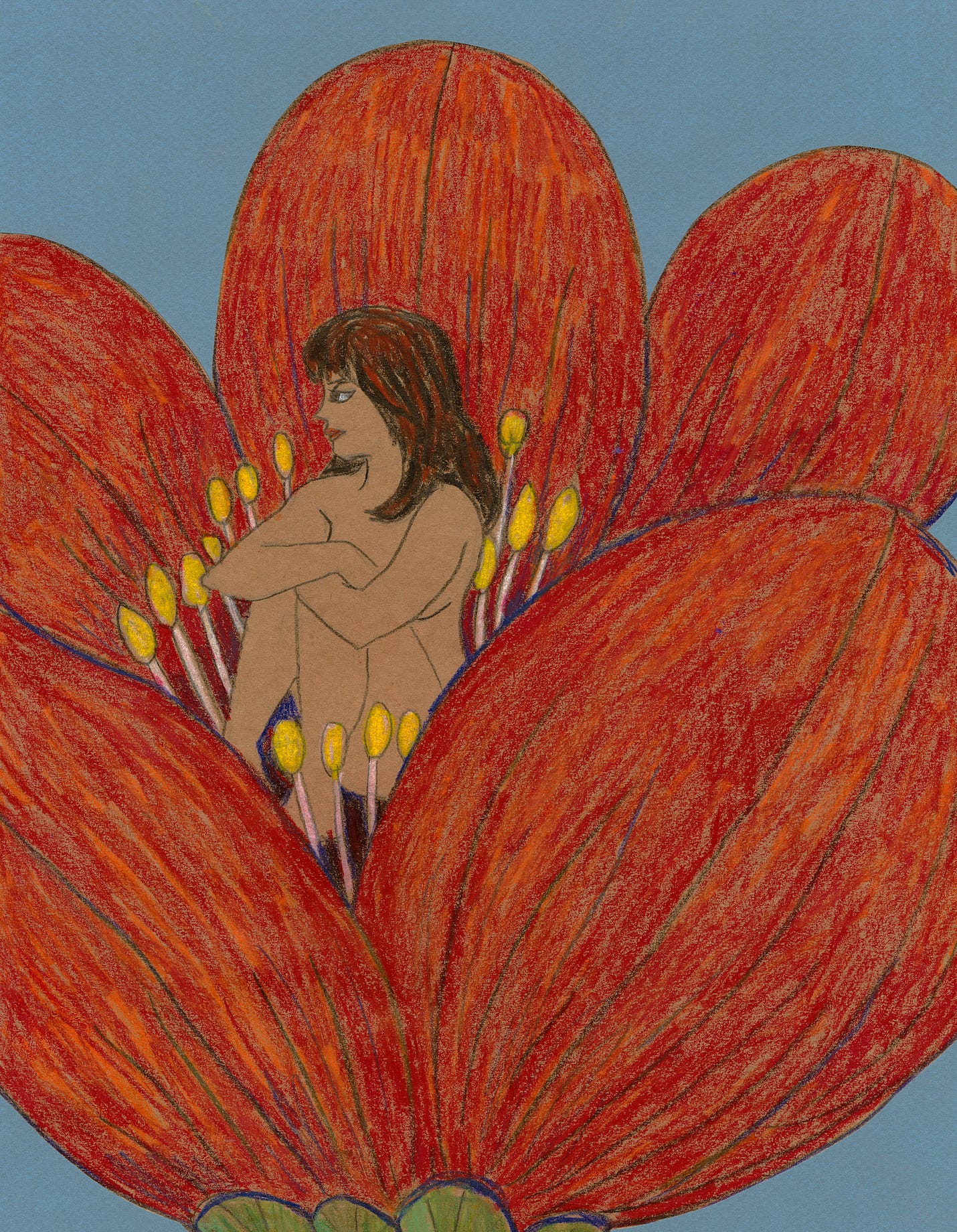 Illustration of a nude figure nestled within the petals of a large red-orange flower.
