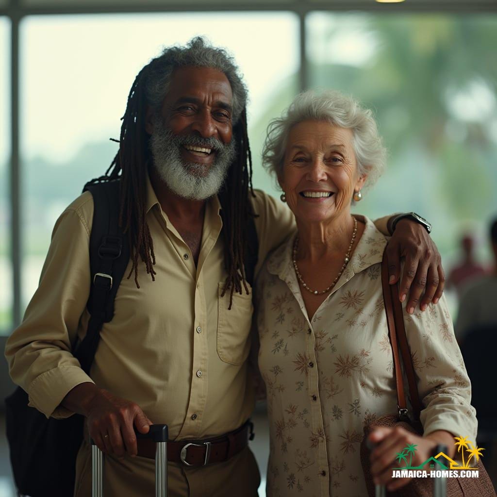 Couple arriving in Jamaica, capturing the joy and emotion of coming home.