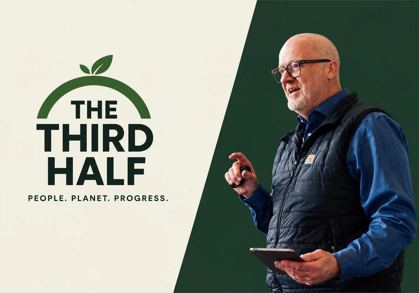 Scott Hamilton speaking on stage beside The Third Half logo