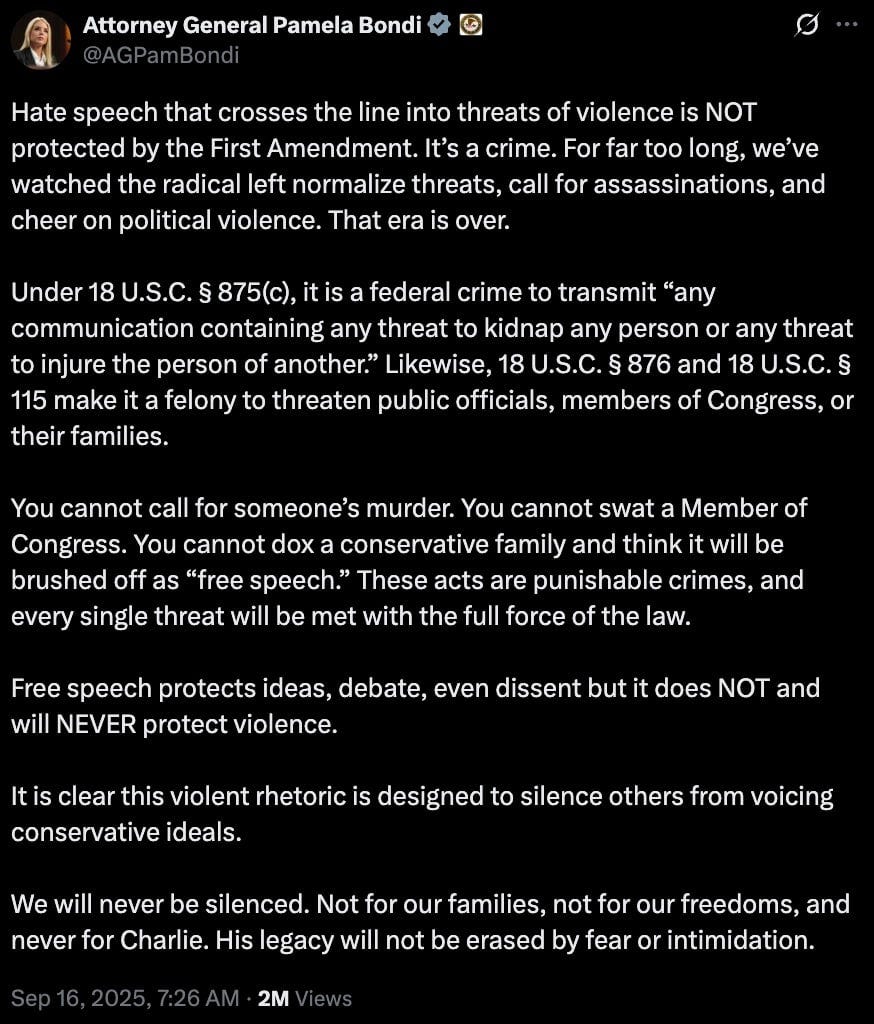 Screenshot of a verified social media post with a circular profile photo and a multi-paragraph statement condemning threats and political violence, citing federal statutes (18 U.S.C. §§ 875(c), 876, 115), warning that calls for murder, swatting, or doxxing are crimes, asserting free speech does not protect violence, and showing a Sep 16, 2025 timestamp with 2M views.