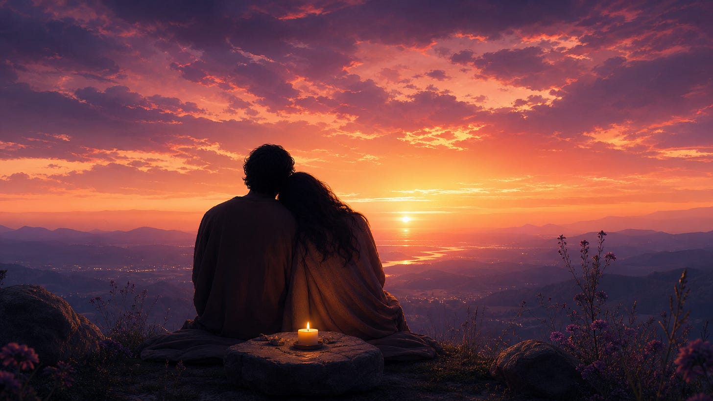 Two souls on a hilltop at dusk — love as sacred journey