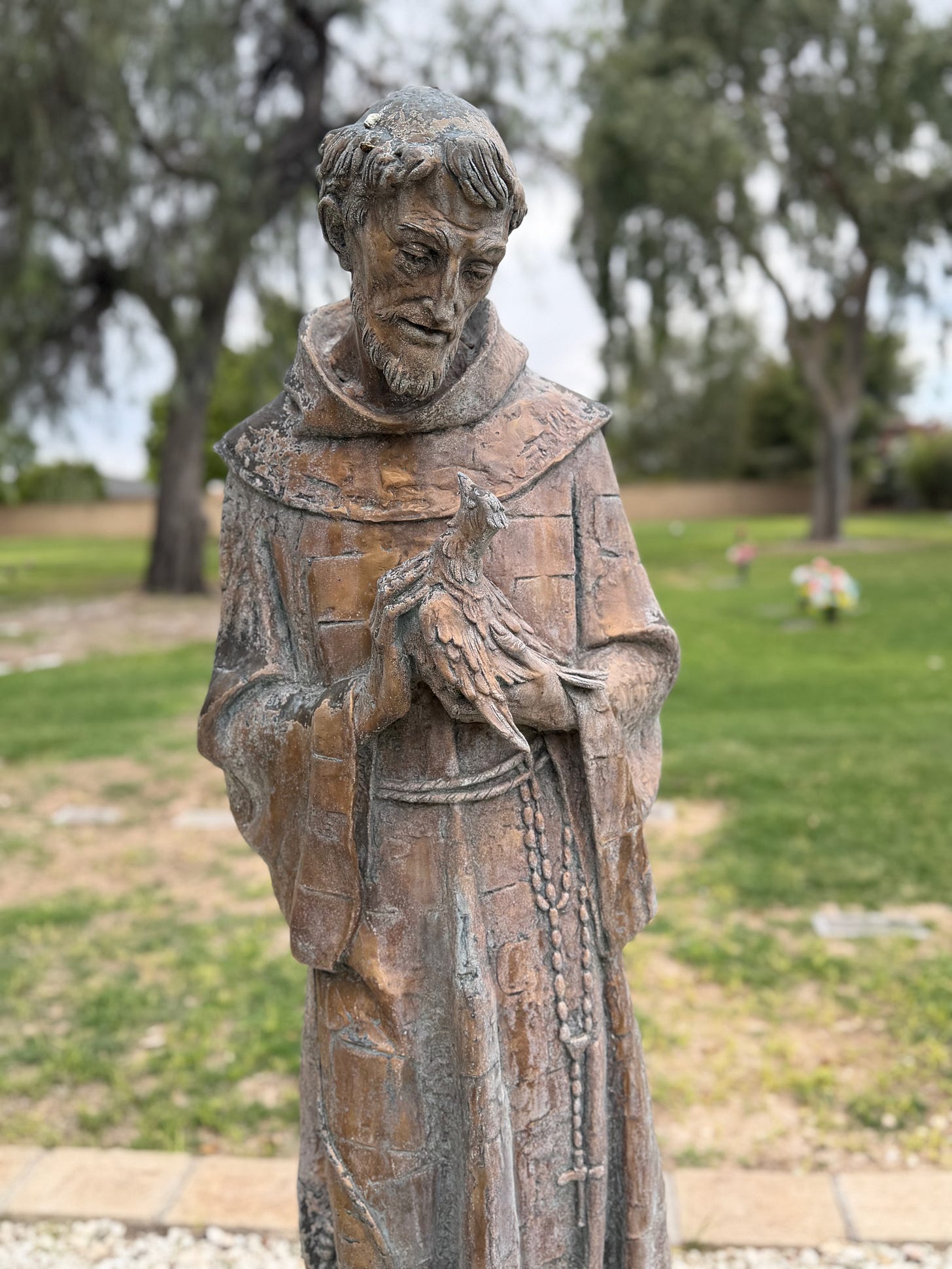 Bronze statue of Saint Francis of Assisi holding a bird, overlooking the pet cemetery grounds at Sunland Memorial Park in Sun City, Arizona, with grave markers and trees visible in the background Bronze statue of Saint Francis of Assisi holding a bird, overlooking the pet cemetery grounds at Sunland Memorial Park in Sun City, Arizona, with grave markers and trees visible in the background