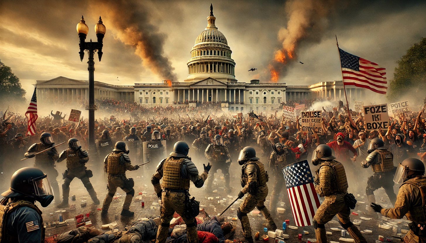 A dramatic scene of political violence in front of the United States Capitol building. In the foreground, a large crowd of protestors is clashing with police. The protestors, diverse and wearing masks, are holding signs with various political messages and some are throwing objects. Riot police in full gear with shields and batons are trying to control the situation. Tear gas and smoke fill the air, adding to the chaotic atmosphere. The iconic Capitol building stands in the background with its dome and columns visible, and the American flag is seen fluttering despite the turmoil. The scene captures a moment of intense conflict and unrest.