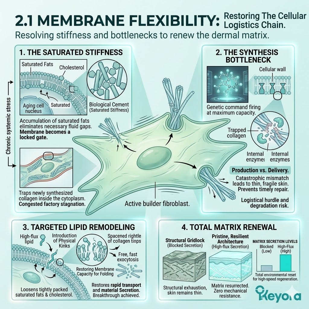 Targeted lipid remodeling resolves saturated stiffness to trigger ATP Synthesis and high-flux protein secretion for total matrix renewal. Targeted lipid remodeling resolves saturated stiffness to trigger ATP Synthesis and high-flux protein secretion for total matrix renewal.