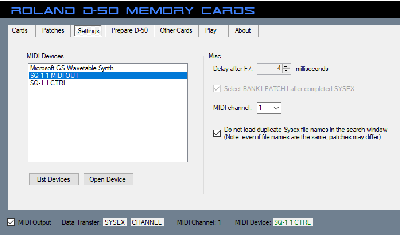screen shot of software titled "Roland D-50 Memory Cards."