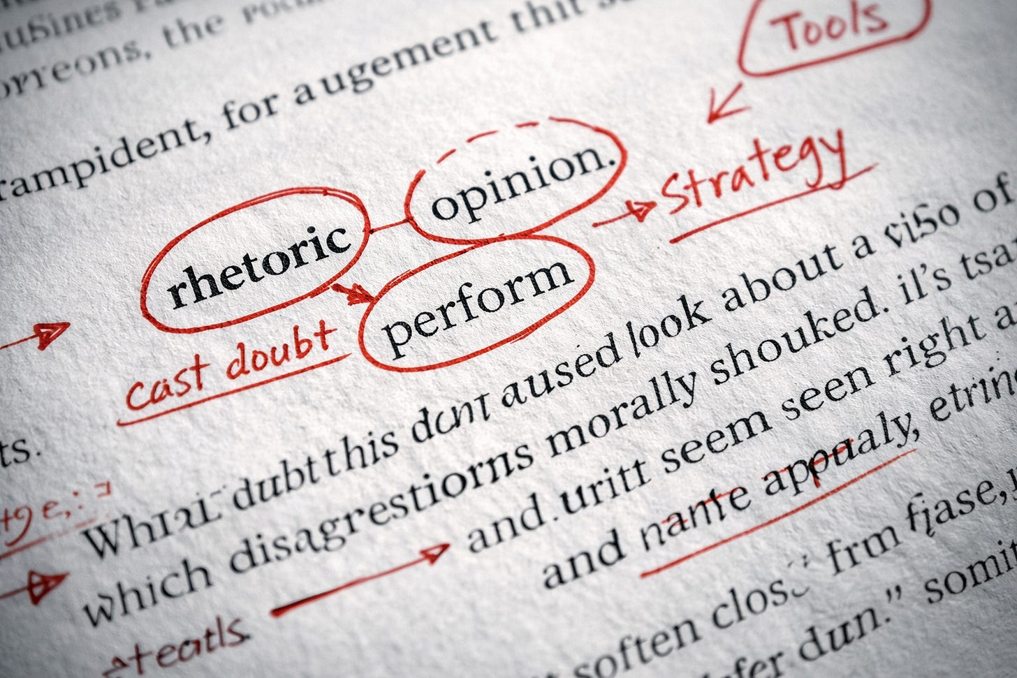 Printed text marked up with red pen, circling and underlining words to reveal rhetorical structure and intentional composition.