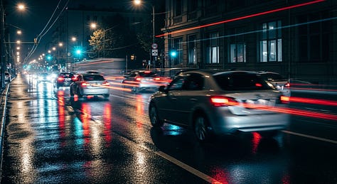 "Long‑exposure photo of cars moving through a rain-soaked city street at night, with bright taillight trails and reflections." - by GPT-4o, Imagen 4, and Seedream 3.0 image models