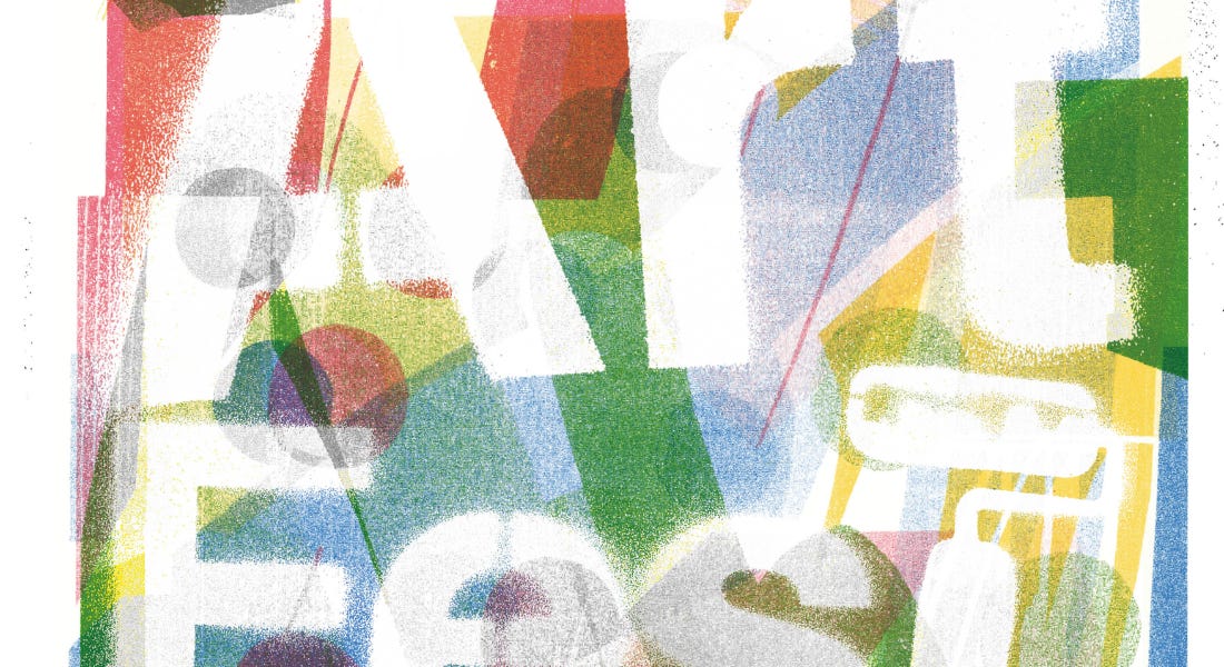 A multi-coloured wall mural that says Art Fest in white letters