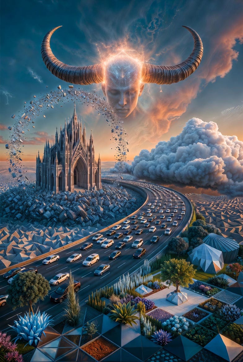 A digital illustration of "The Trilogy Closed a Door" with symbolic elements of math, tech, and mystery.