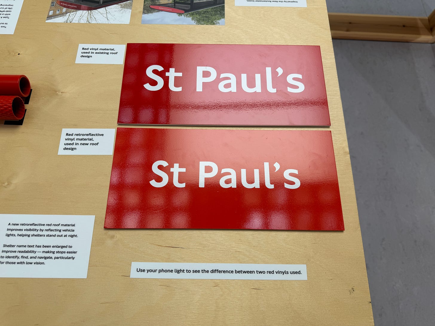 Photo of two samples of shelter-end signage. Photo of two samples of shelter-end signage.