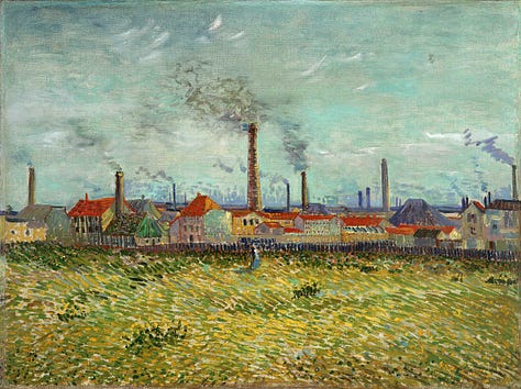 Asnières - Pont du Chemin de Fer, photograph, c.1905. Vincent van Gogh, Banks of the Seine with the Pont de Clichy, 1887, Oil on canvas, 30.5 × 39 cm, Private collection. Vincent van Gogh, Factories at Clichy, 1887, Oil on canvas, 53.7×72.7 cm Saint Louis Art Museum, Missouri Funds given by Mrs. Mark C. Steinberg by exchange.
