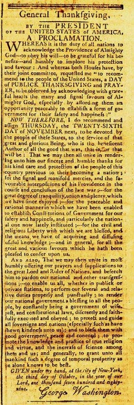 Washington's Original Thanksgiving Proclamation from the The Massachusetts Centinel, Wednesday, October 14, 1789