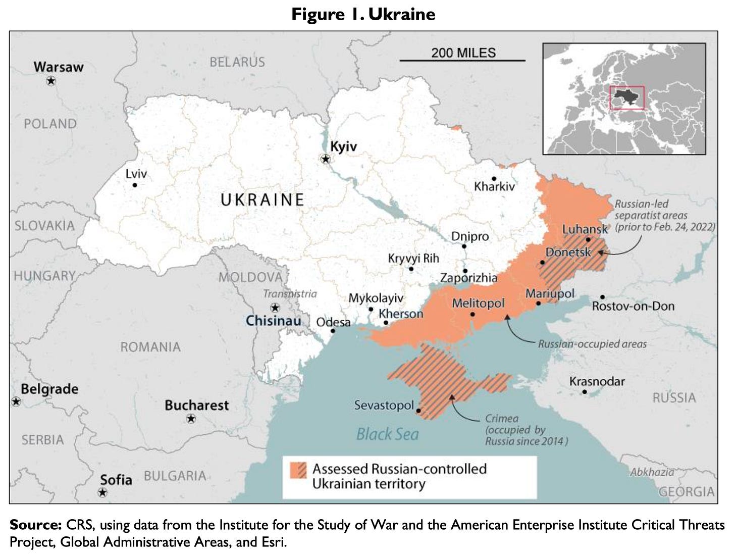 Map of Ukraine and its neighbors, with Kyiv, Lviv, Kharkiv, Dnipro, Kryvyi Rih, Zaporizhia, Mykolaiv, Kherson, Odesa, Melitopol, and Mariupol marked. Orange shading along the eastern and southern edge of the country marks territory assessed as Russian-controlled, running from Luhansk and Donetsk in the east down through the Sea of Azov coast. Crimea is shown hatched, noted as occupied by Russia since 2014. A separate label marks the areas held by Russian-led separatists before February 24, 2022, a small fraction of the current shaded area. Poland, Belarus, Slovakia, Hungary, Moldova, Romania, and Russia surround Ukraine; the Black Sea lies to the south.
